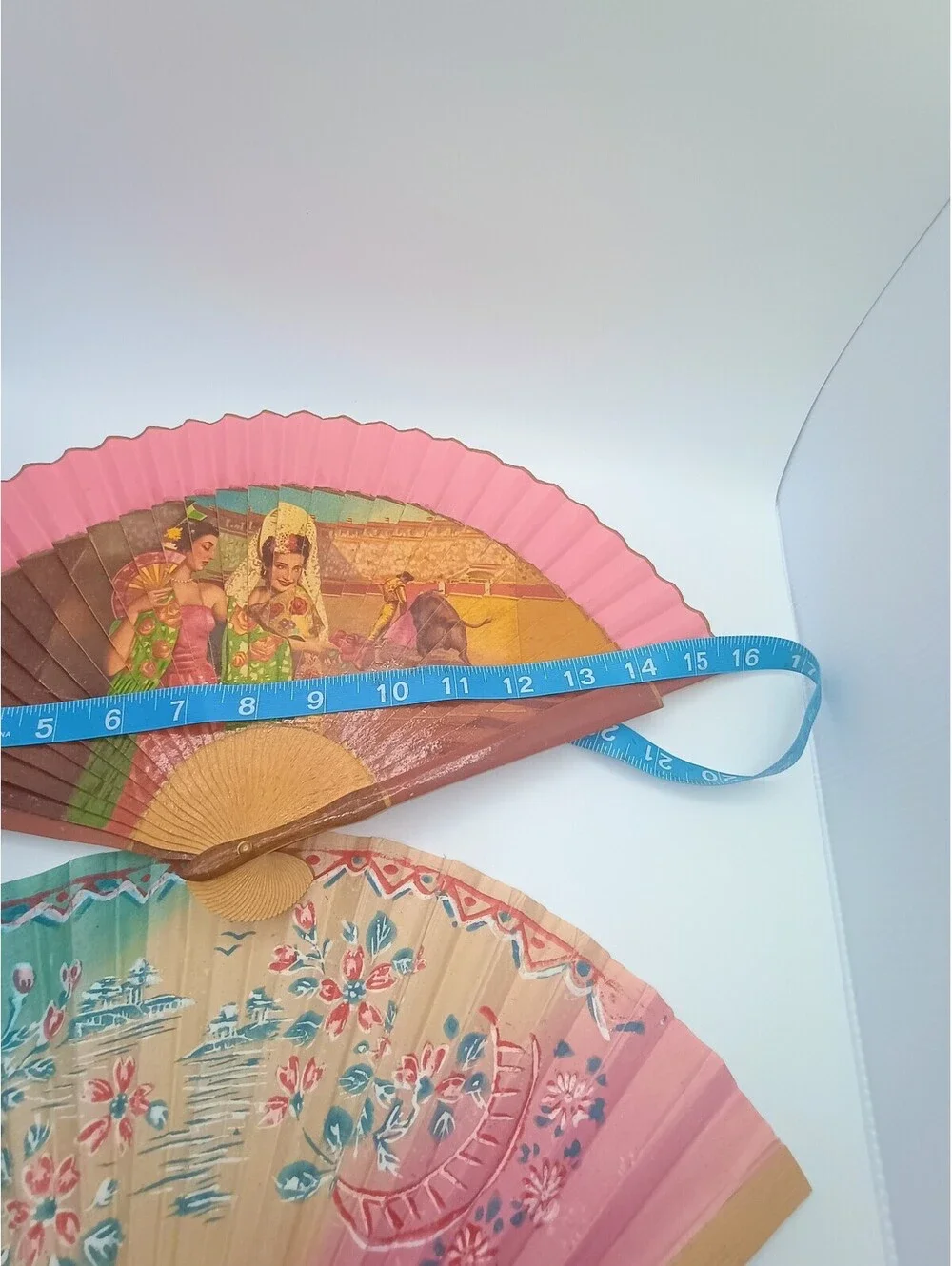 Vintage Handheld Folding Fans Set of 2 with Floral and Scene Designs